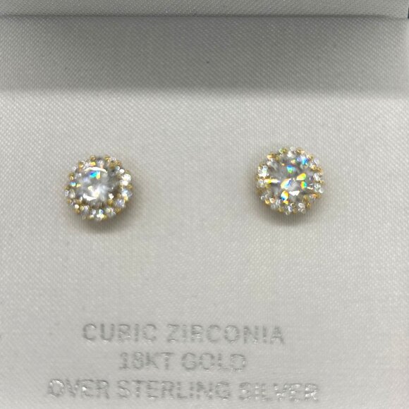 Primrose 18K Gold Over Sterling Silver Cubic Zirconia Halo Stud Earrings - Picture 2 of 14